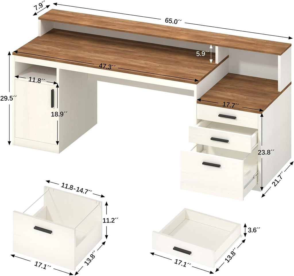 YOMILUVE 65 Inch Computer Desk with 3 Drawers & Storage Shelves, Executive Desk with File Drawer & Cabinet, Home Office Desk with Long Monitor Stand & Printer Shelf, Antique White