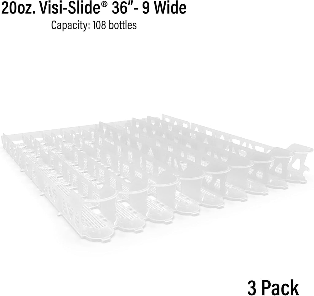 Display Technologies Visi-Slide Gravity Fed Extended Organizer for 20-25oz Beverages on Extended Flat and Angled Shelves in Cold Vaults & Coolers, 9-Wide, 36' Deep Drink Organizer (Pack of 3)