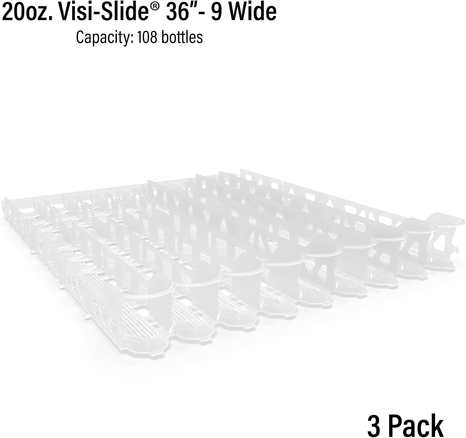 Display Technologies Visi-Slide Gravity Fed Extended Organizer for 20-25oz Beverages on Extended Flat and Angled Shelves in Cold Vaults & Coolers, 9-Wide, 36' Deep Drink Organizer (Pack of 3)