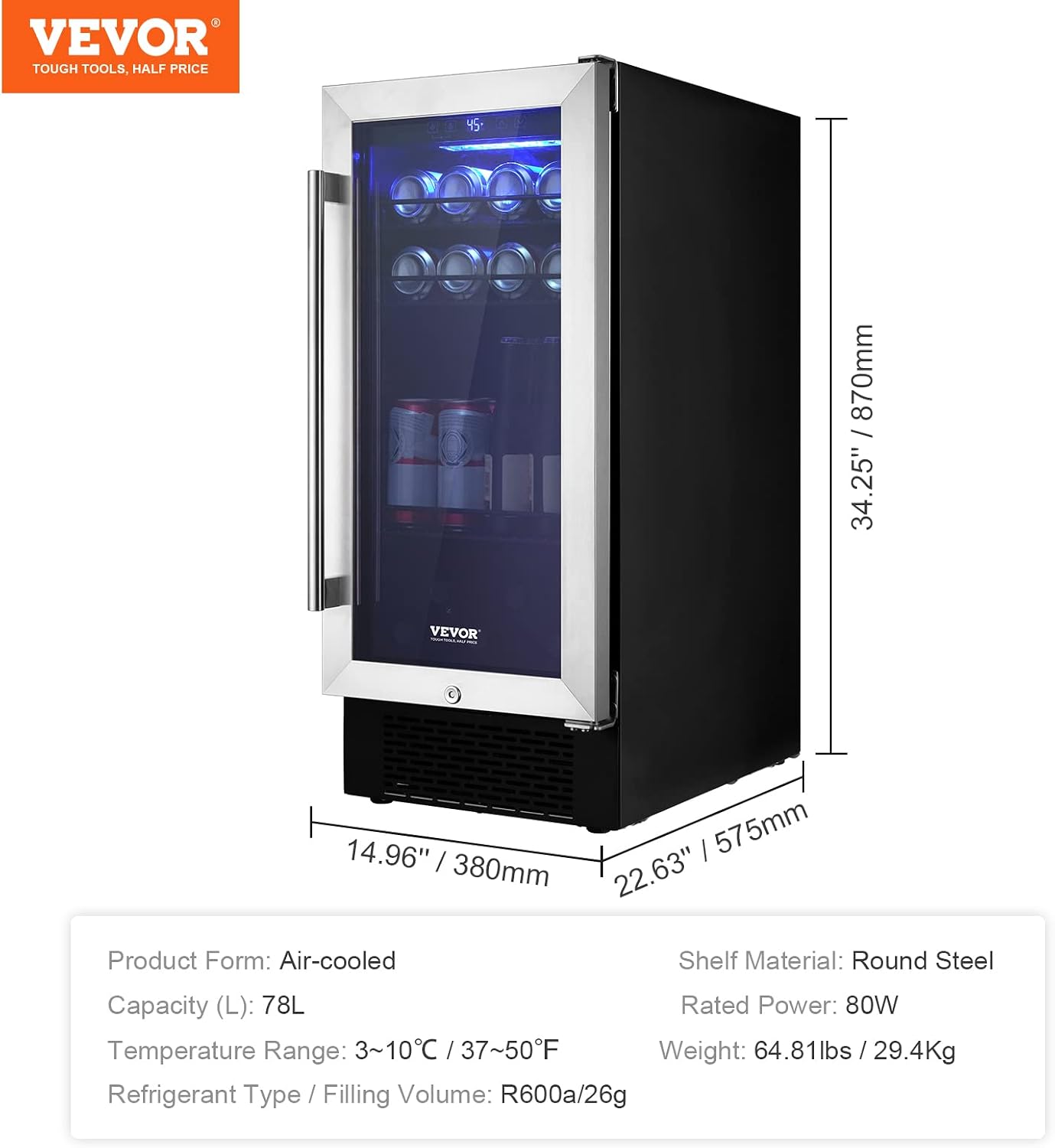 VEVOR 15' Beverage Refrigerator, 96 Cans Under Counter Built-in or Freestanding Beer Fridge, Blue LED Light, Adjustable Shelves, Child Lock, ETL