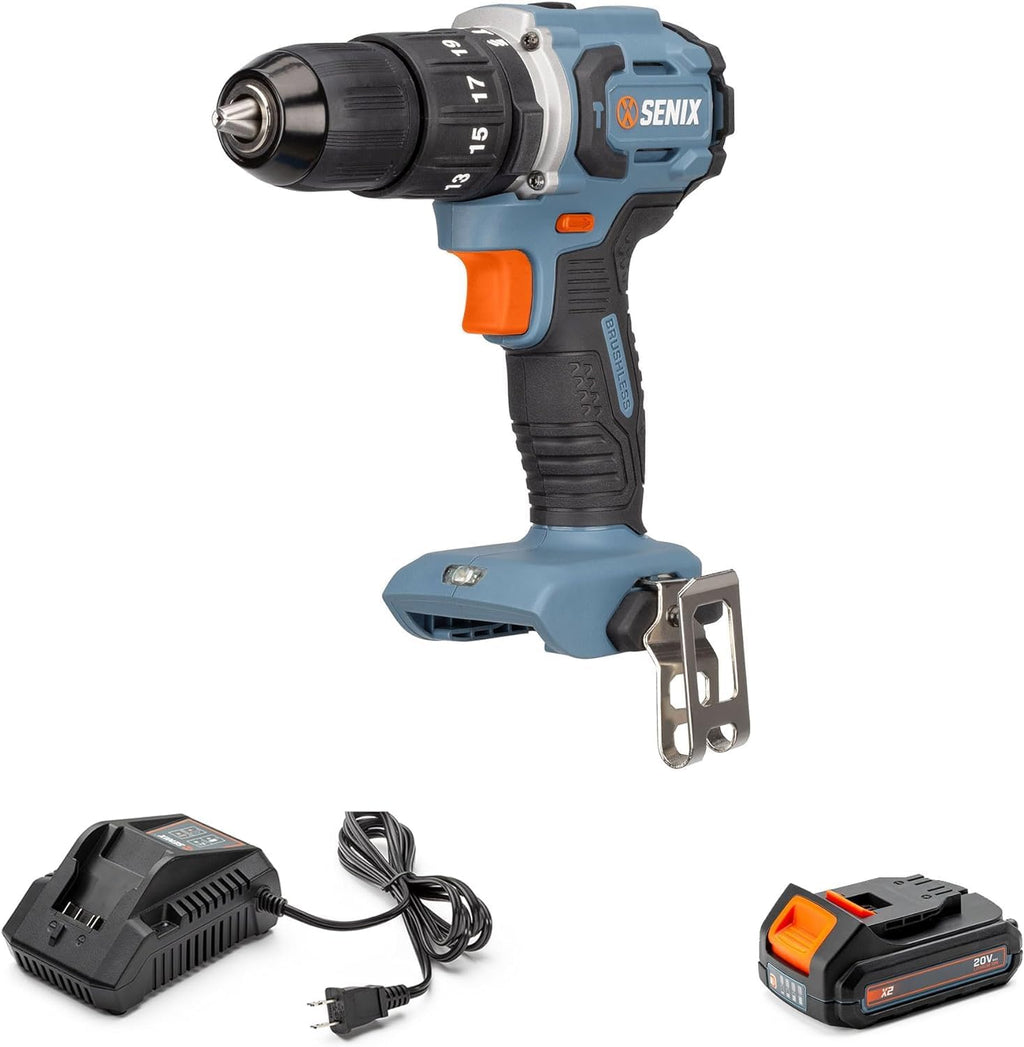 SENIX X2 20 Volt Max* Cordless 1/2-Inch Hammer Drill Driver with Brushless Motor, Power Tool Kit Includes Storage Bag, 2.0 Ah Battery,Charger,Safety Glasses (PDHX2-M2)