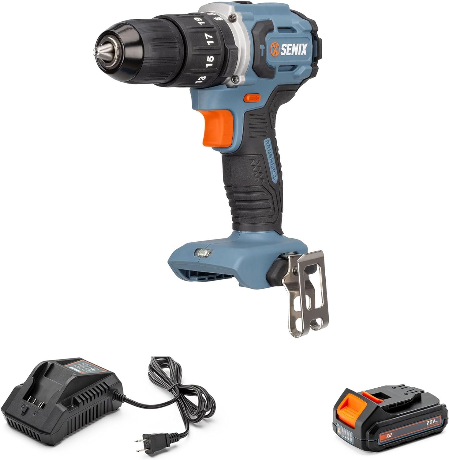 SENIX X2 20 Volt Max* Cordless 1/2-Inch Hammer Drill Driver with Brushless Motor, Power Tool Kit Includes Storage Bag, 2.0 Ah Battery,Charger,Safety Glasses (PDHX2-M2)