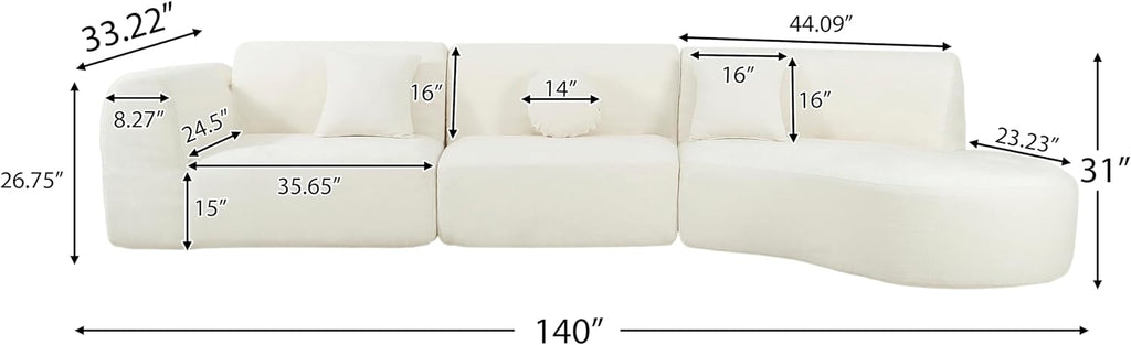 Merax 140' Curved Polyester Sectional Sofa Set, Modern Cloud Couch with Chaise Lounge & 3 Pillows, Fully Assembled for Living Room, Beige