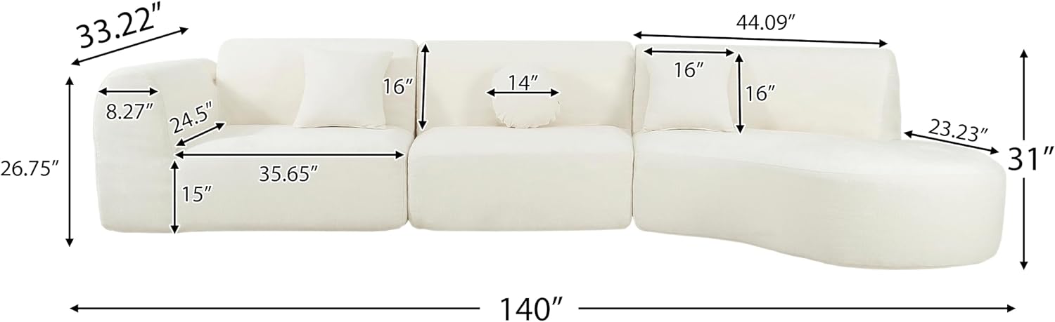 Merax 140' Curved Polyester Sectional Sofa Set, Modern Cloud Couch with Chaise Lounge & 3 Pillows, Fully Assembled for Living Room, Beige