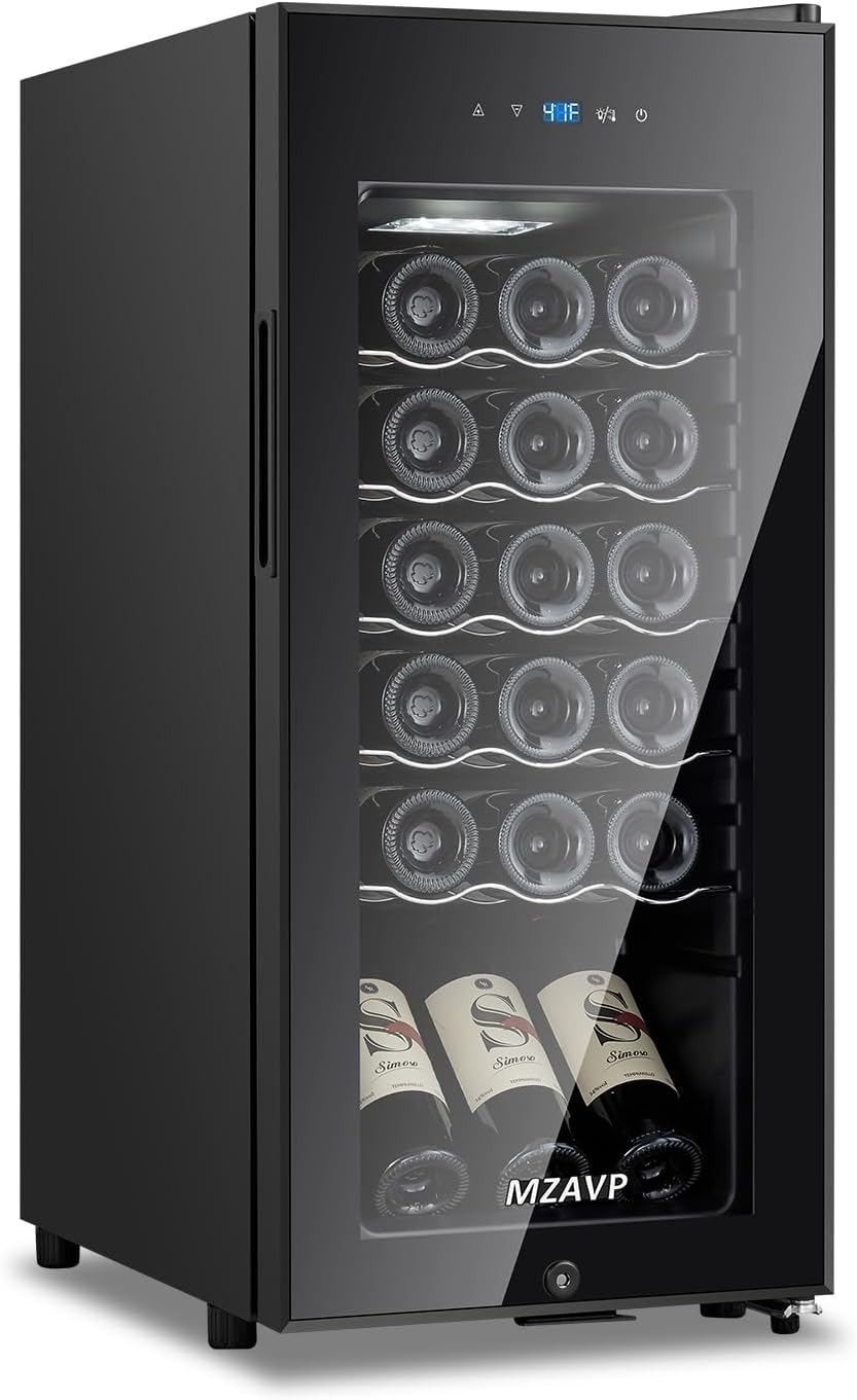 Mini Wine Fridge-Black, 18 Bottles Low Noise Compressor Wine Cooler, Freestanding Wine Cellar with Glass Door and Digital Temperature Control, 14 Inch Wine Refrigerator for Bar, Home & Office