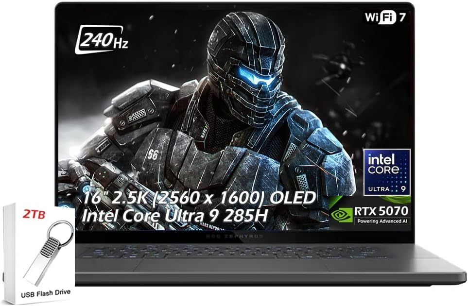ASUS ROG Zephyrus 16' OLED 240Hz Gaming Laptop, Intel Core Ultra 9 285H, 16GB LPDDR5X 2TB SSD, NVIDIA GeForce RTX 5070, Thunderbolt4, Wi-Fi7, Backlit KB, Win11, Eclipse Gray, w/2TB USB Drive, W/GaLiMu