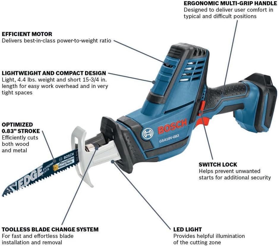 Bosch GXL18V-496B22 18V 4-Tool Combo Kit with Compact Tough 1/2 In. Drill/Driver, Two-In-One 1/4 In. and 1/2 In. Impact Driver/Wrench, Compact Recip Saw, LED Light and (2) 2.0 Ah SlimPack Batteries
