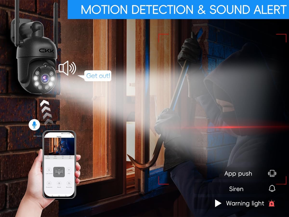 [360° View] 3K Wireless Security System, 4pcs 5MP PTZ Cameras Outdoor Indoor, WiFi Camera Outside CCTV Surveillance NVR C102 System with Floodlight Color Night Vision Motion Sensor Alarm,24/7 Record