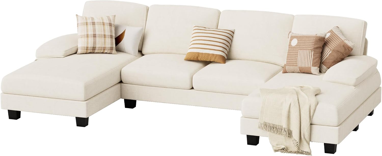 JUMMICO Sectional Couches for Living Room, U Shaped Couch with Chenille Fabric, 4 Seat Modern Sofa with Removable Pillows for Apartment and Small Space (Fabric, White)