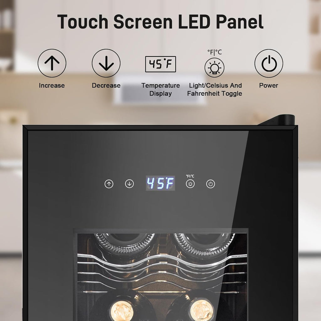 Tylza 12 Bottles Wine Fridge, Wine Cellar with Powerful Compressor, LED Touchscreen, Low-E Tempered Glass Door, Lock, Wine Cooler Refrigerator for Red, White, Champagne or Sparkling Wine, Black