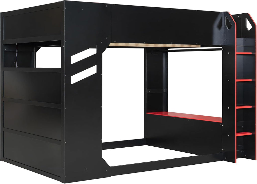 Merax Wood Loft Bed with Height-Adjustable Desk,Drawers,Storage Compartments,Hanging Rod and RGB Lights, Full Size, Red