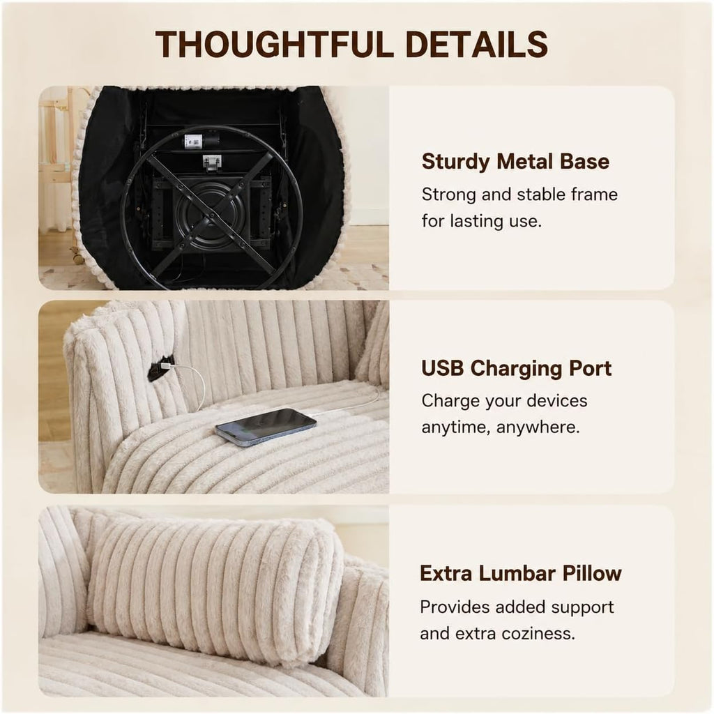 Power Nursery Rocking Chair Swivel Glider Reclining Chair with 2 Pillows, Nursery Glider Rocking Recliner with Type-C & USB Charger Port, Corduroy Upholstery Armchair for Living Room/ Off-White
