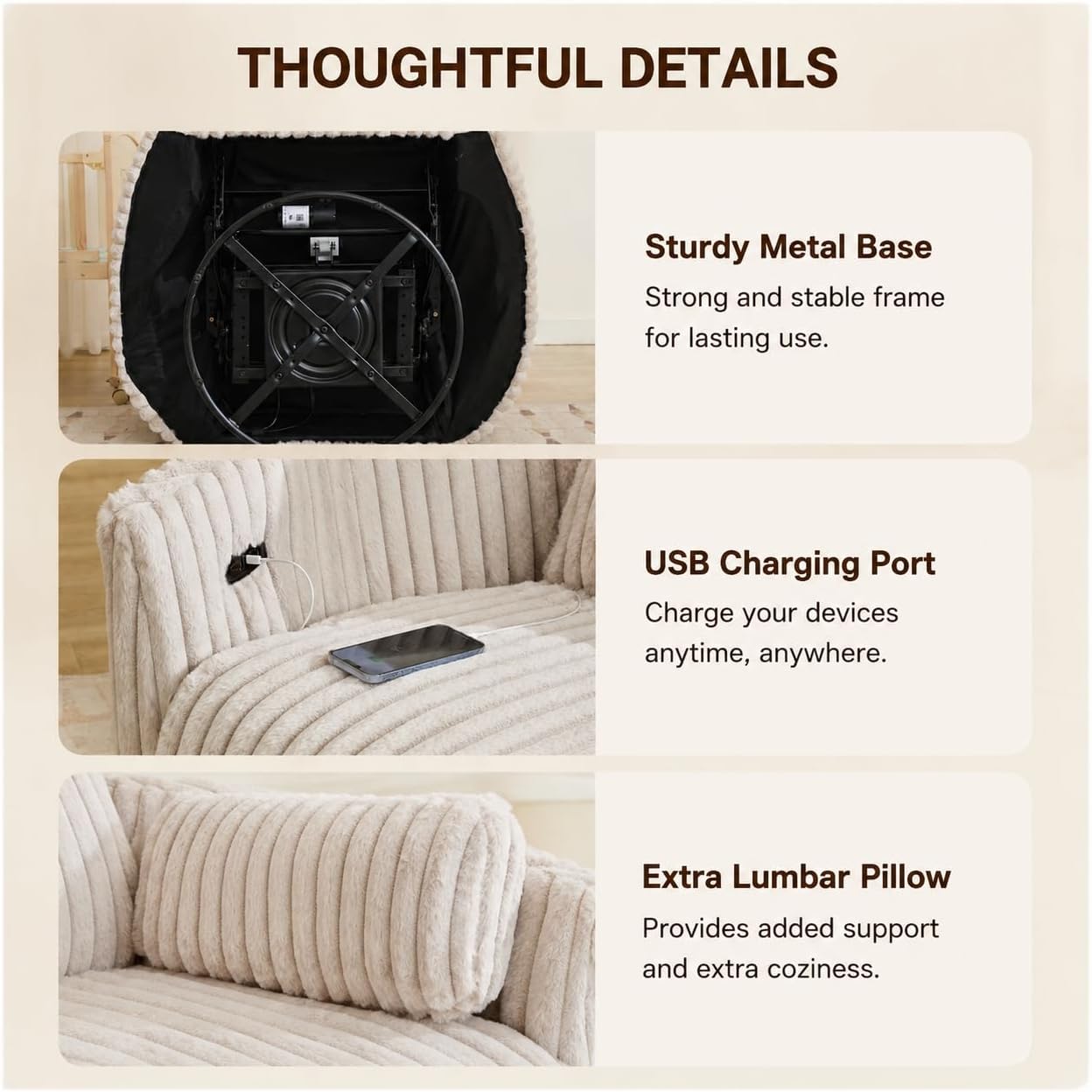 Power Nursery Rocking Chair Swivel Glider Reclining Chair with 2 Pillows, Nursery Glider Rocking Recliner with Type-C & USB Charger Port, Corduroy Upholstery Armchair for Living Room/ Off-White