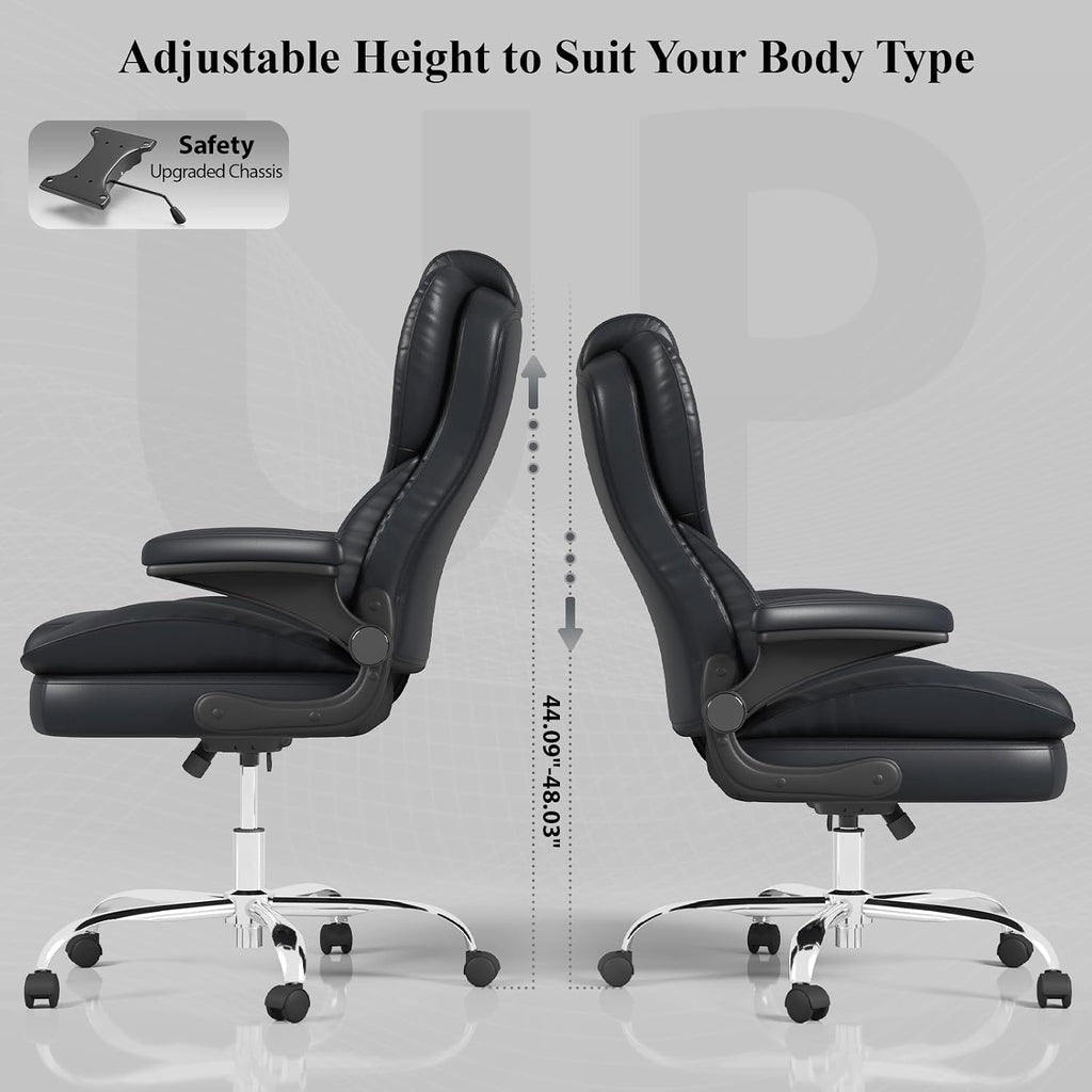 Office Desk Chair, Executive Leather Office Chair, High Back Ergonomic Home Desk Chair with Padded Flip-up Arms, Big and Tall Computer Chair with Rocking Function, 360°Swivel Free, Black
