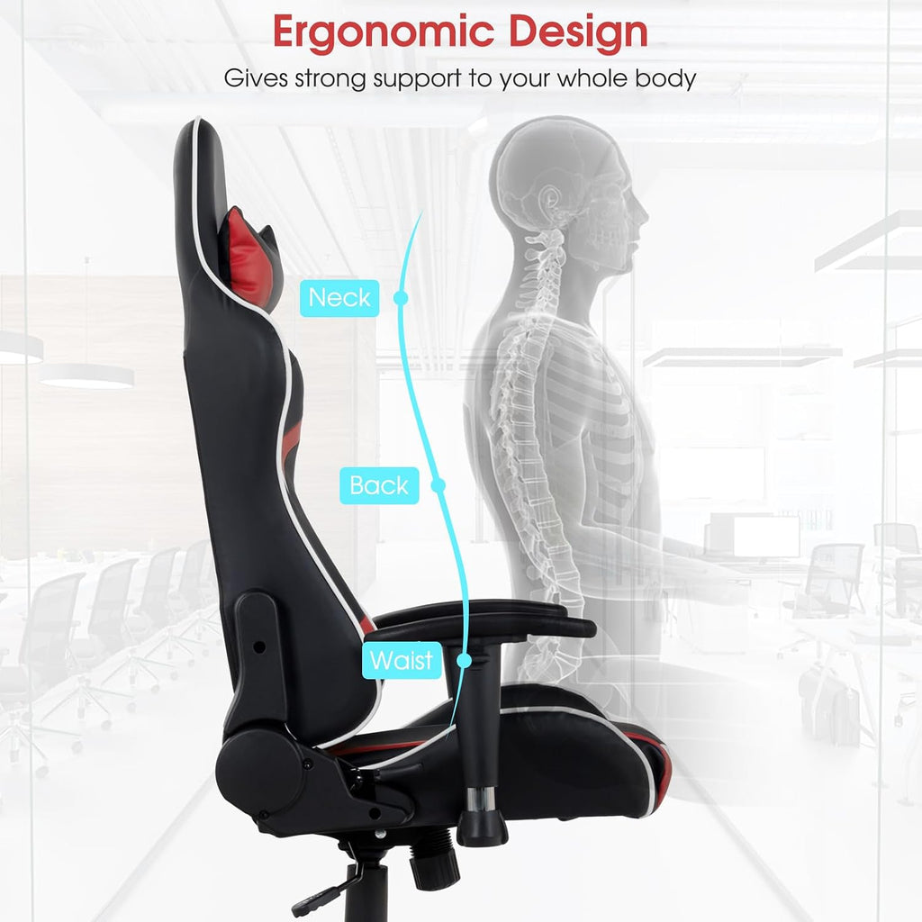 Tangkula Gaming Desk and Chair Set, Ergonomic Gamer Desk & Racing Chair Set Cup Holder, Headphone Hook, Handle Rack & Monitor Stand, Massage & Headrest, Home Office Computer Desk Chair Set (Red)
