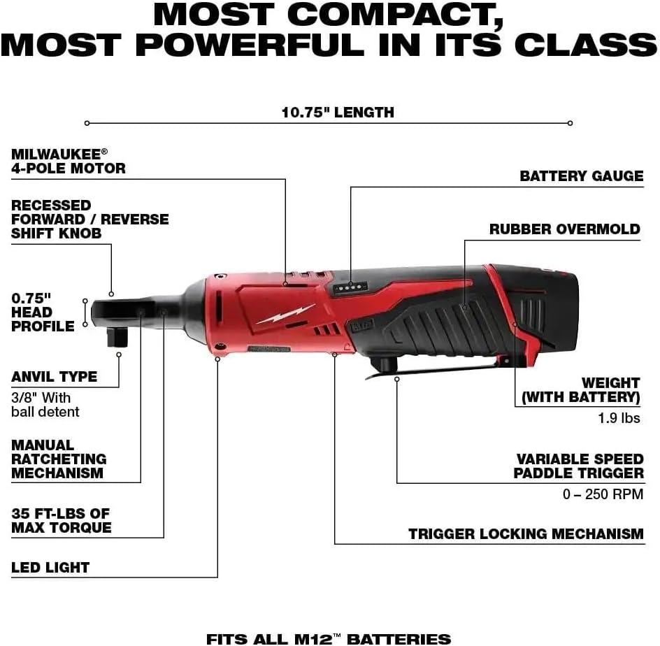 2498-25 for Milwaukee M12 Cordless Combo Kit 2407-20 3/8-inch Drill Driver, 2420-20 Reciprocating Saw, 2462-20 1/4-inch Impact Driver, 2457-20 3/8-inch Cordless Ratchet, 49-24-0146 Work Light 5-Tool