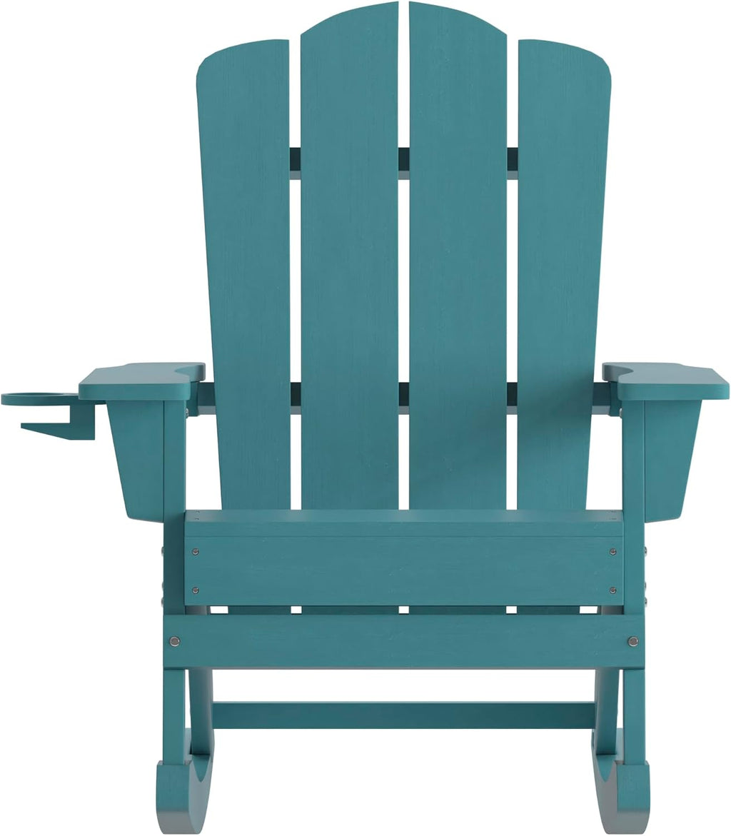 EMMA + OLIVER Tiverton Adirondack Rocking Chair with Cup Holder, Weather Resistant Poly Resin Adirondack Rocking Chair, Blue