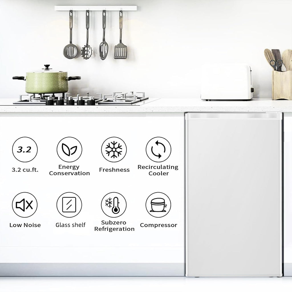 Antarctic Star Mini Compact Refrigerator with Freezer, 3.2 Cu.Ft. Single Door with Adjustable Thermostat,Removable Glass Shelves for Apartment/Dorm/Office,WHITE