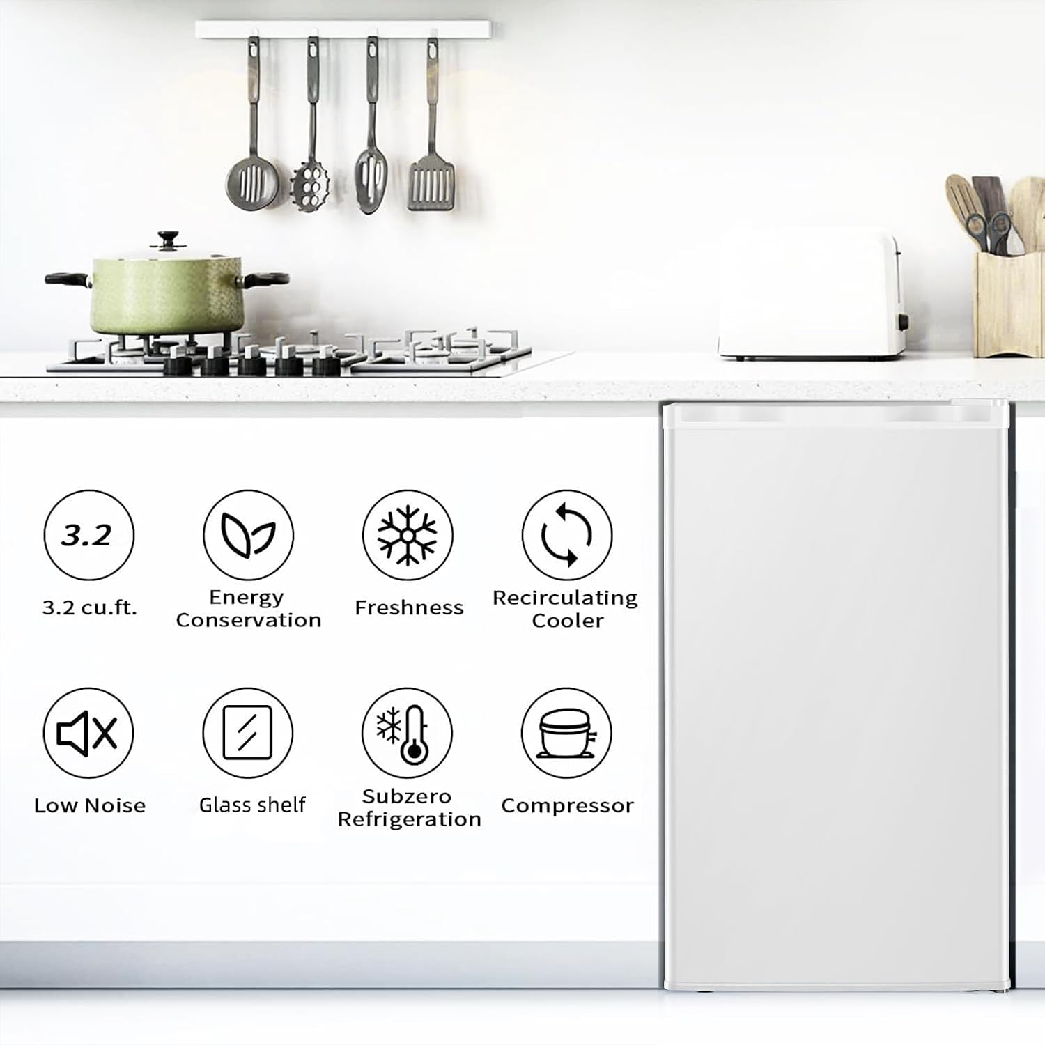 Antarctic Star Mini Compact Refrigerator with Freezer, 3.2 Cu.Ft. Single Door with Adjustable Thermostat,Removable Glass Shelves for Apartment/Dorm/Office,WHITE