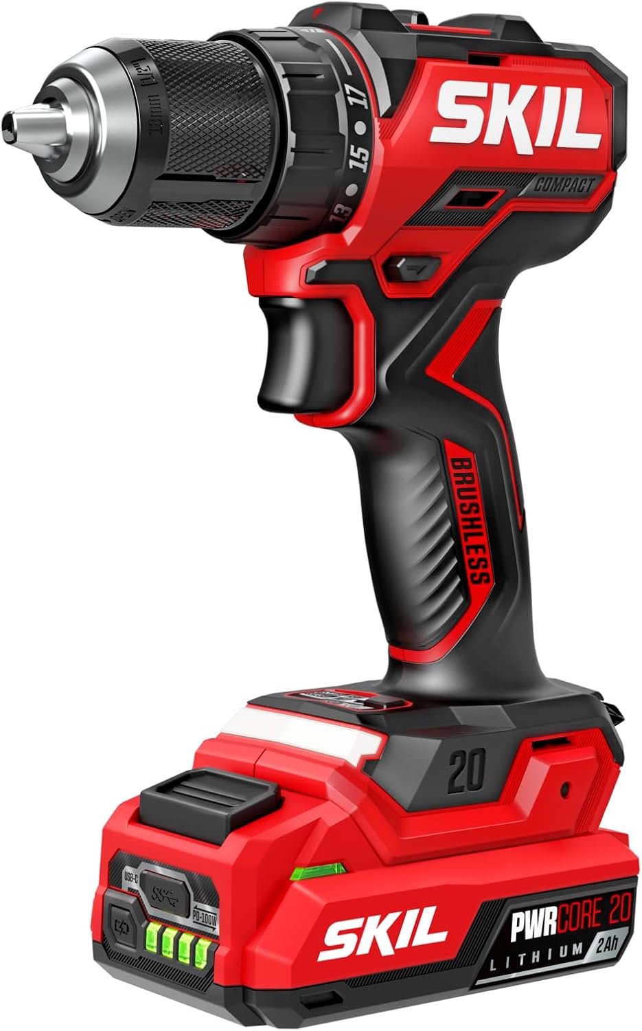 SKIL PWR CORE 20 Brushless 20V 1/2-Inch Compact Drill Driver Kit, Includes 2.0Ah USB-C Battery and 45W USB-C PD Charger - DL6293B-1C