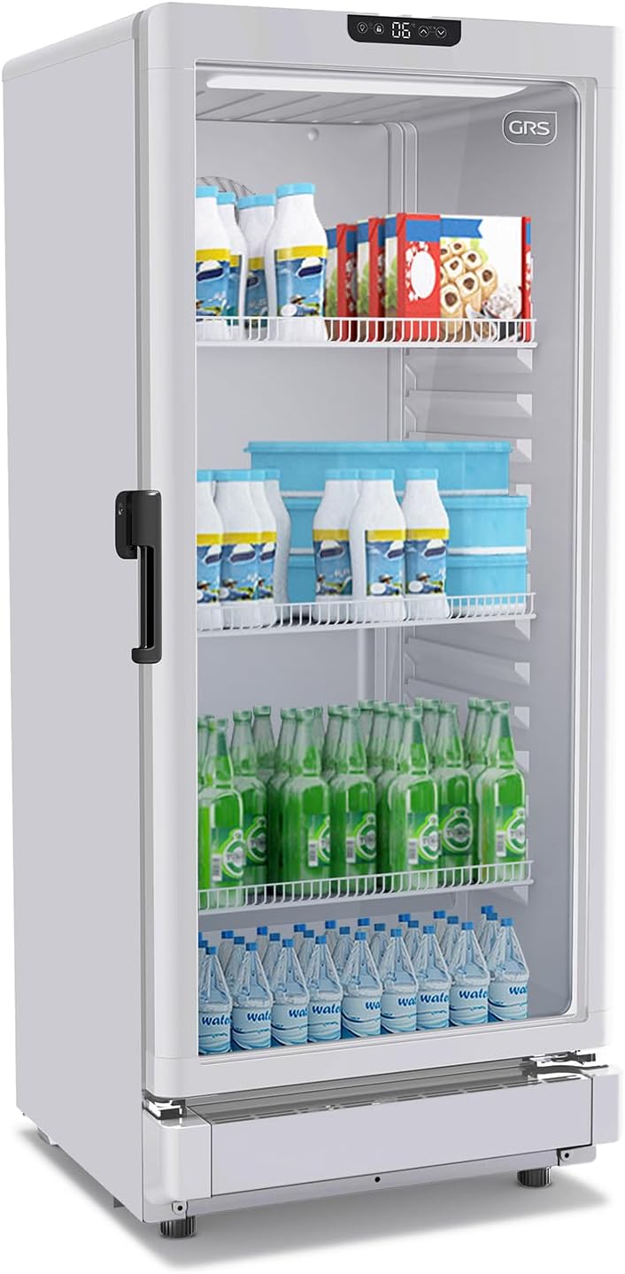 GRS Commercial Display Refrigerator with Glass Door Lock | Cool Air Flow & Temperature | Beverage Cooler, Drink and Wine Fridge with Adjustable Display Shelf for Stores and Bars | Silver, 6.0 Cu. Ft
