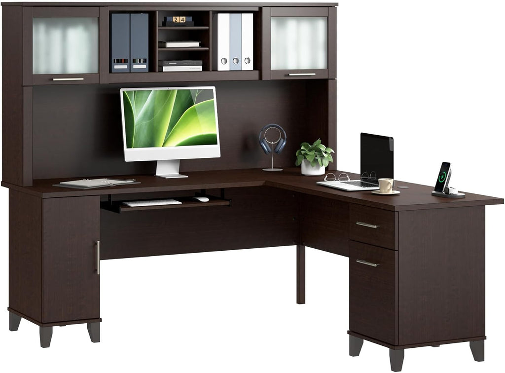 Bush Home 72-Inch L-Shaped Desk with Hutch, Corner Computer Office Desk with File and Box Drawers, Shelves and Storage Cabinet, Home Office Workstation, Somerset Collection, Mocha Cherry