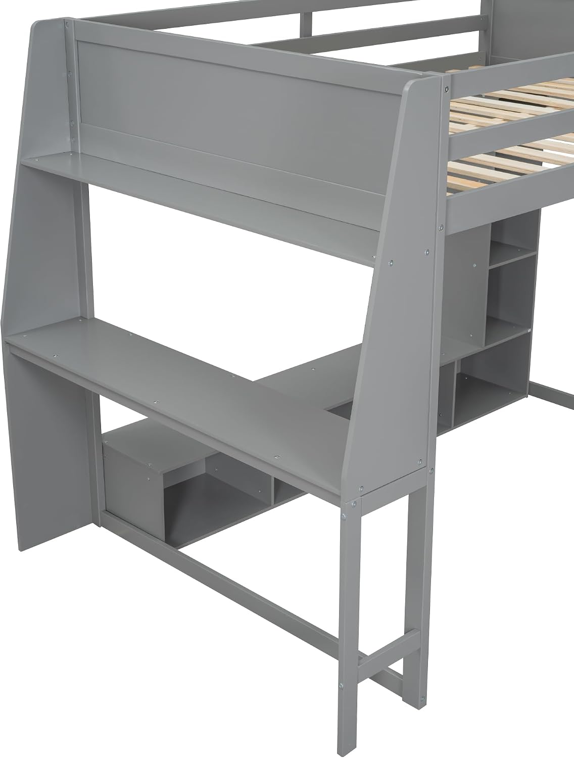 VilroCaz Modern Full Size Gaming Loft Bed with Desk and Multi-Storage Shelves, Wood Loft Bed Frame with Workstation and a Hanging Clothes Rack, Maximize Space Saving (Full)