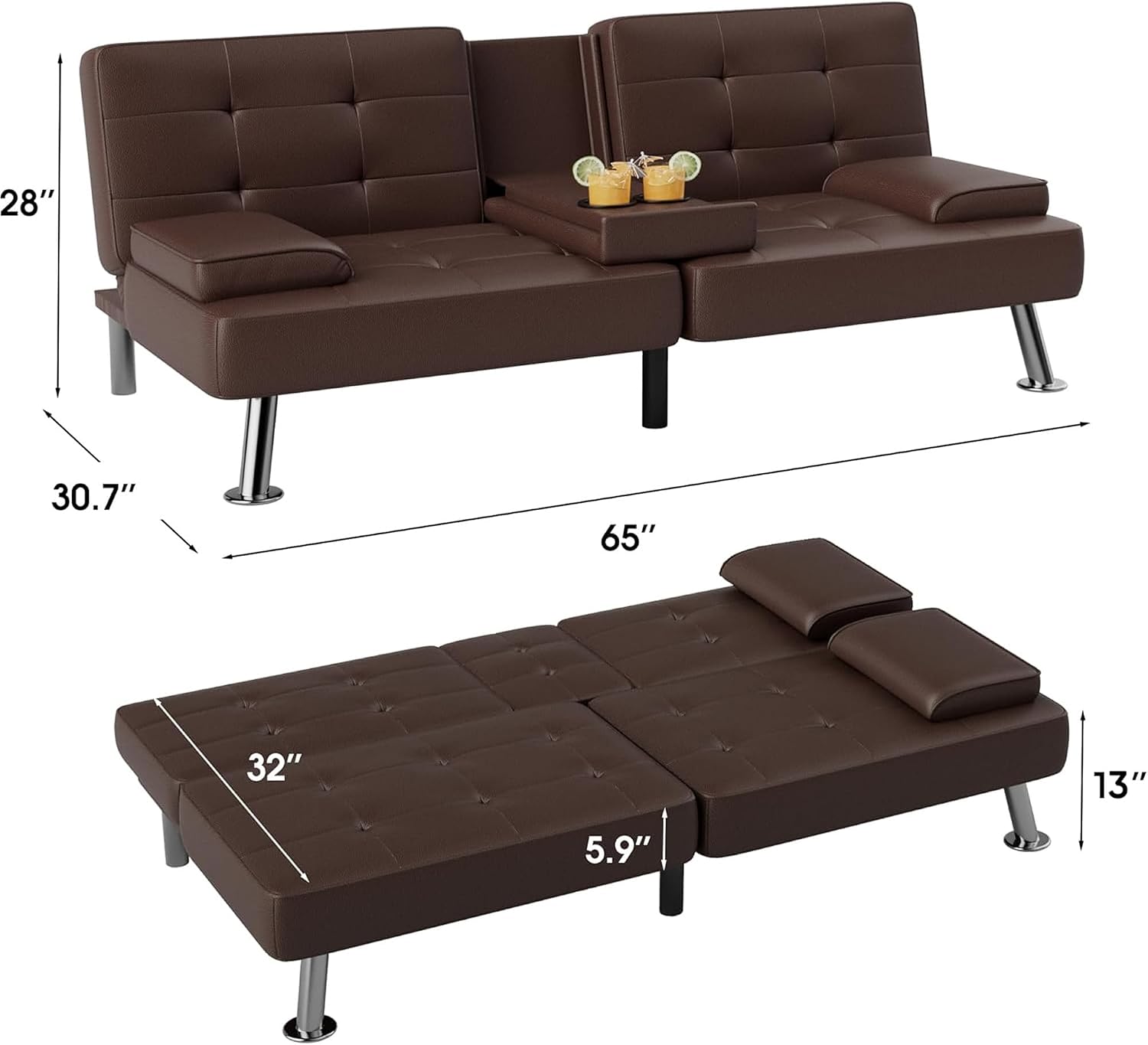 Flamaker Futon Sofa Bed Modern Folding Futon Set Convertible Recliner Lounge for Living Room with 2 Cup Holders, Removable Armrests (PU Leather, Brown)