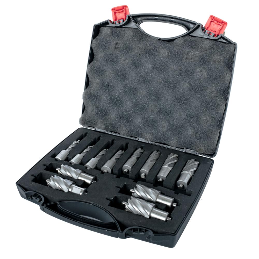 Evolution Power Tools Annular Cutter Kit for Magnetic/Mag Drills, 1 Inch Depth Drill Bit, Mixed Width 7/16 to 1-1/8 Inch, Carry Case Included, Set of 12