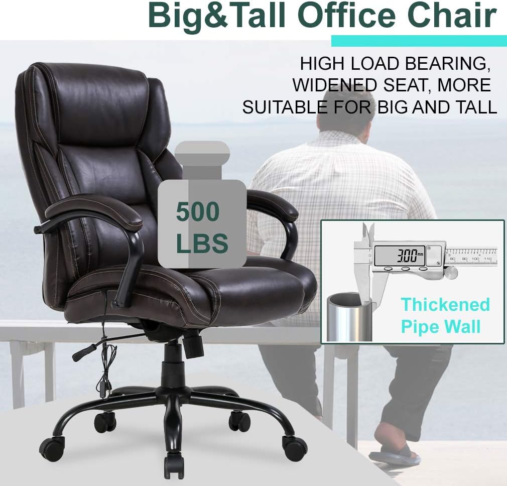 Big and Tall Office Chair 500lb Wide Seat Massage Desk Chair Ergonomic Computer Chair with Headrest Lumbar Support Armrest Rolling Swivel Chair Adjustable PU Leather Task Chair for Adults Women(Brown)