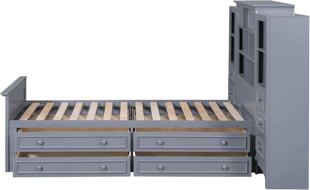 DNYN Twin Size Platform Bed with Storage Drawers(4+6) & Cabinet Headboard for Kids Bedroom,Solid Wood Bedframe w/Wood Slat Support,Super Save Space & No Box Spring Needed, Gray