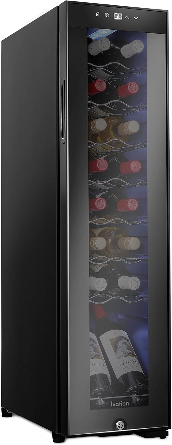 Ivation 16 Bottle Compressor Wine Cooler Refrigerator w/Lock | Large Freestanding Wine Cellar For Red, White, Champagne or Sparkling Wine | 41f-64f Digital Temperature Control Fridge Glass Door Black