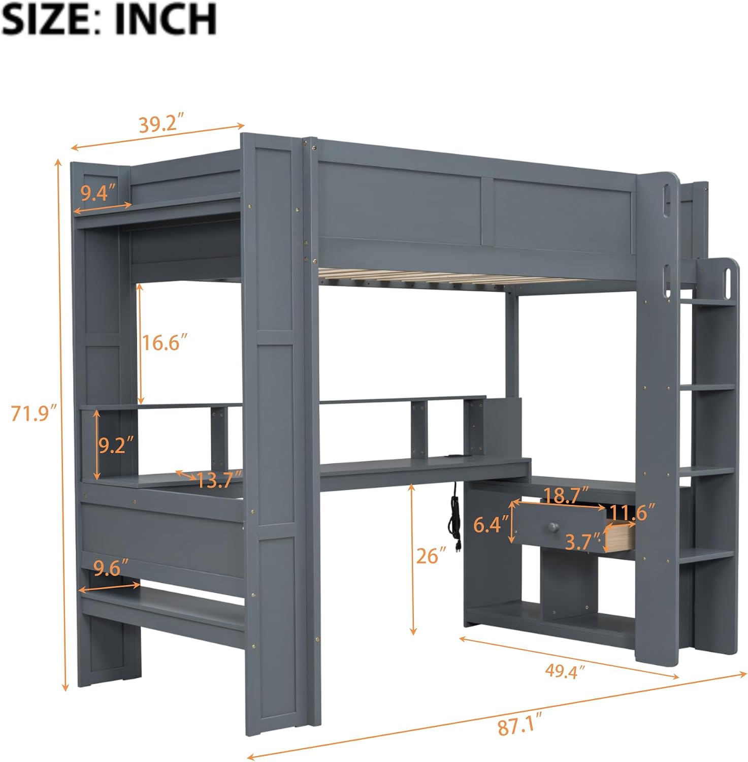 Twin Size Gaming Loft Bed with Desk & Storage Drawers & Shelves & Charging Station & LED,Wood Loft Bed Frame with Cabinets,Bookshelf,Safety Guardrail and Ladder for Gamers Kids Teens Aldults,Dark Gray