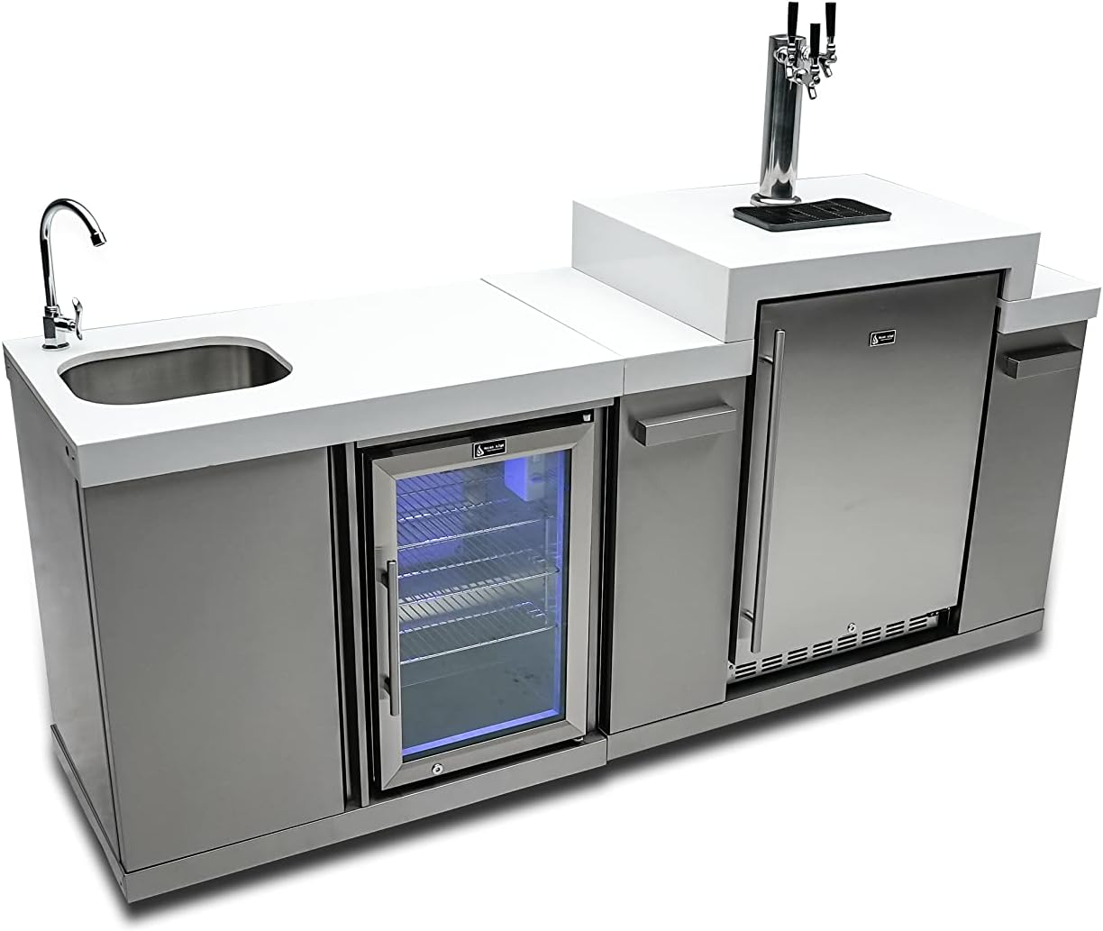 Mont Alpi Bar Series MA-BEVKEG Stainless Steel Outdoor Rated 3 Beer Tap Kegerator Keg Center Dispenser + Beverage Center with Compact Refrigerator + Granite Countertops