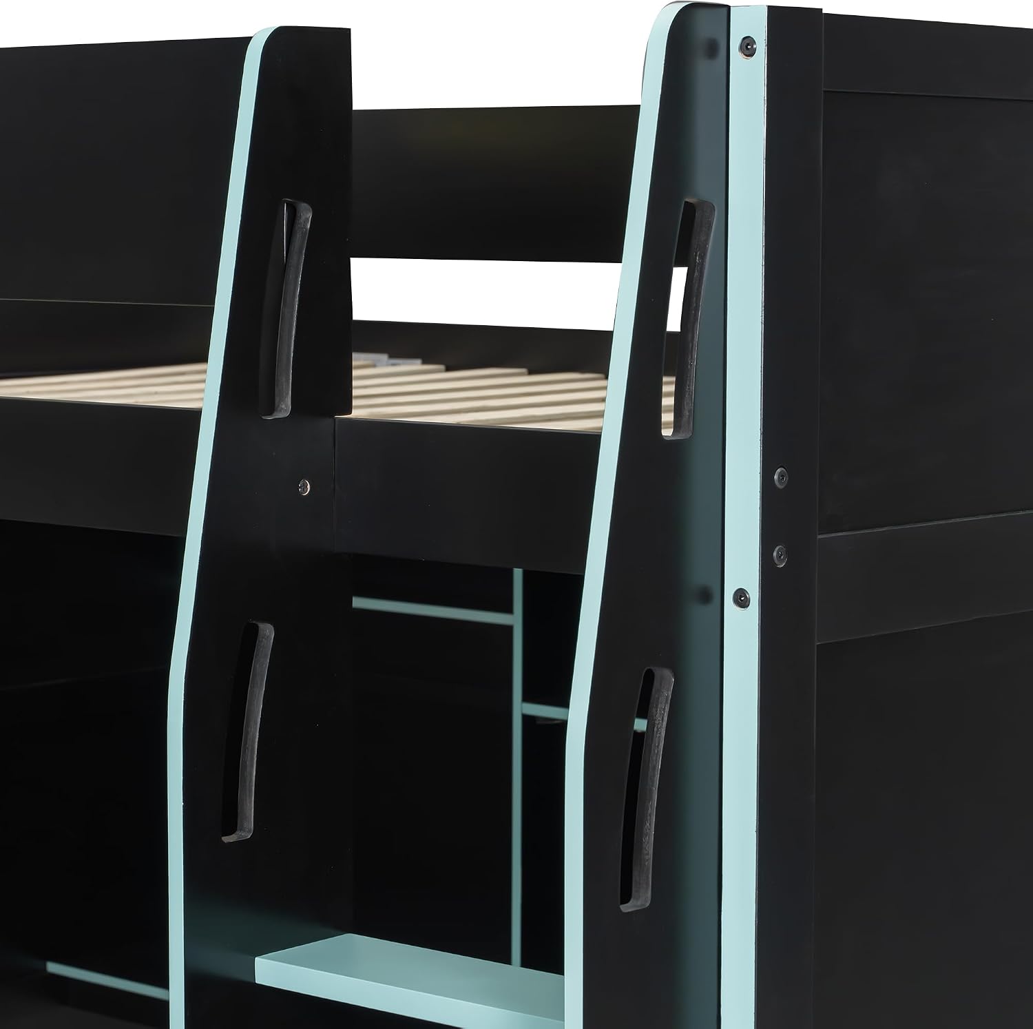 Merax Wood Loft Bed with Desk, Open Wardrobe, Storage Compartments and RGB Lights, Full Size, Cloud Blue