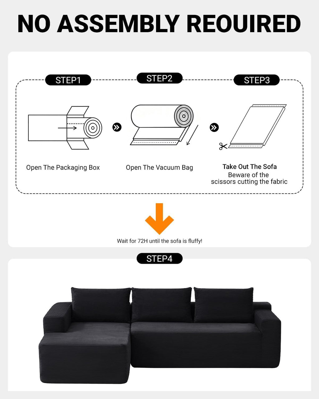 97' Cloud Sectional Couch,Modern Modular Sectional Sofa with Deep Seat,Corduroy Boneless Couches with L-Shape Chaise for Living Room Bedroom,No Assembly Required (Black, 97' Left Facing Chaise)