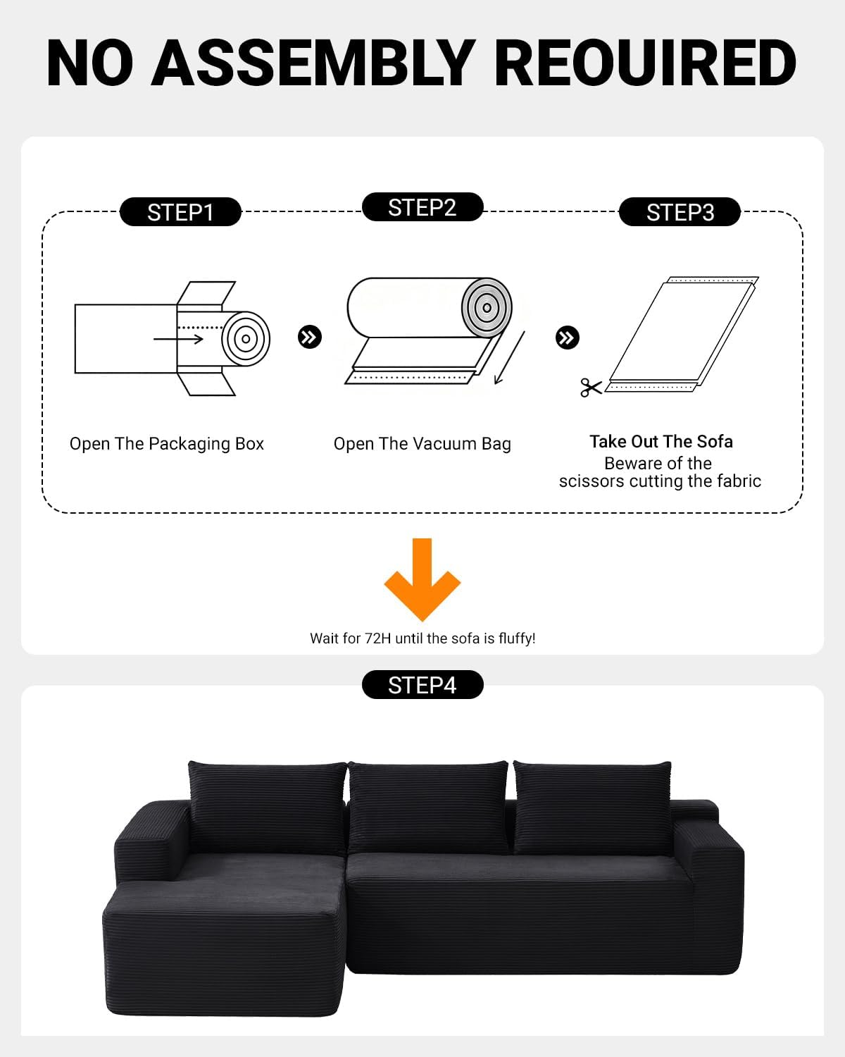 97' Cloud Sectional Couch,Modern Modular Sectional Sofa with Deep Seat,Corduroy Boneless Couches with L-Shape Chaise for Living Room Bedroom,No Assembly Required (Black, 97' Left Facing Chaise)