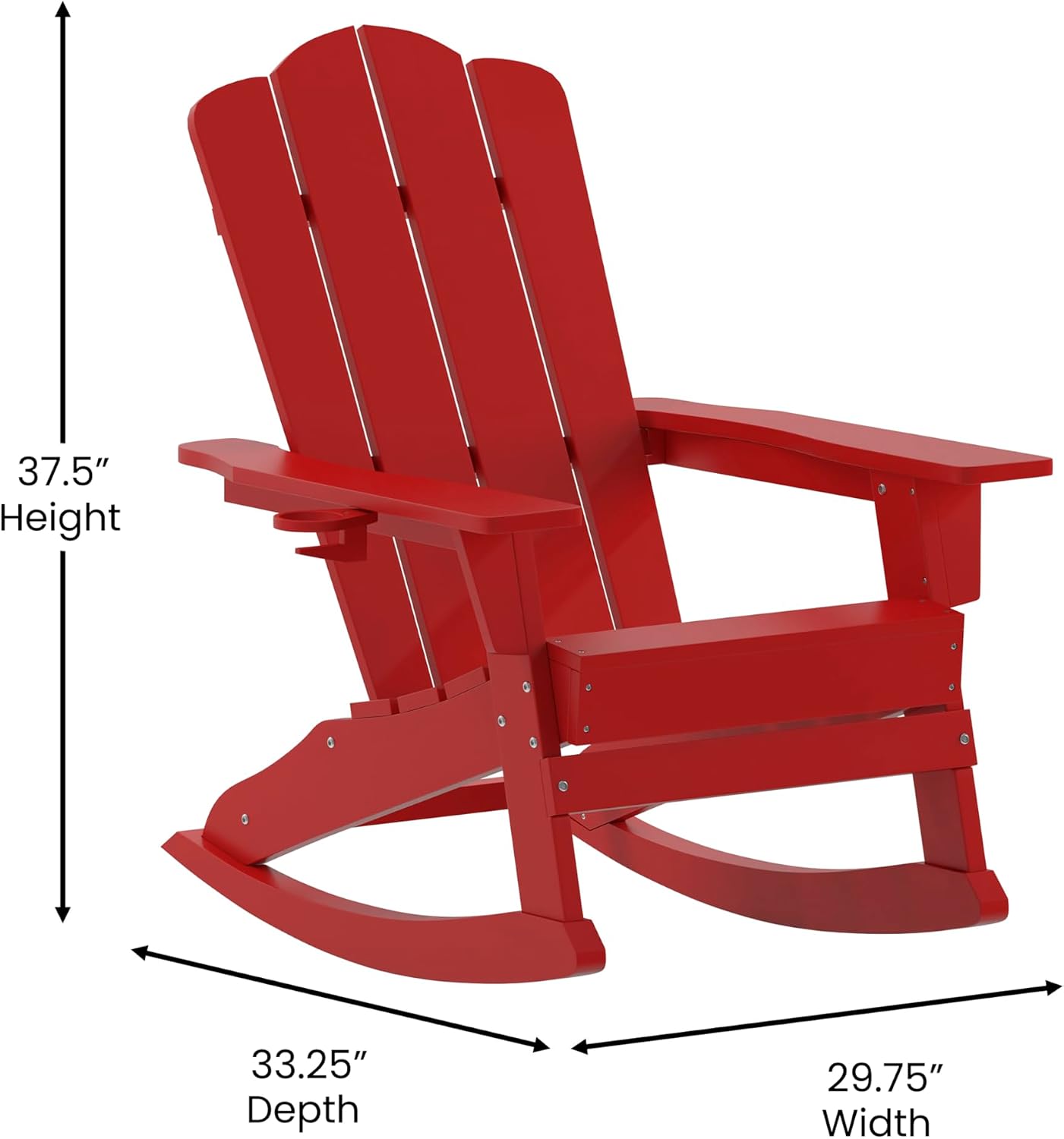 EMMA + OLIVER Tiverton Adirondack Rocking Chair with Cup Holder, Weather Resistant Poly Resin Adirondack Rocking Chair, Red