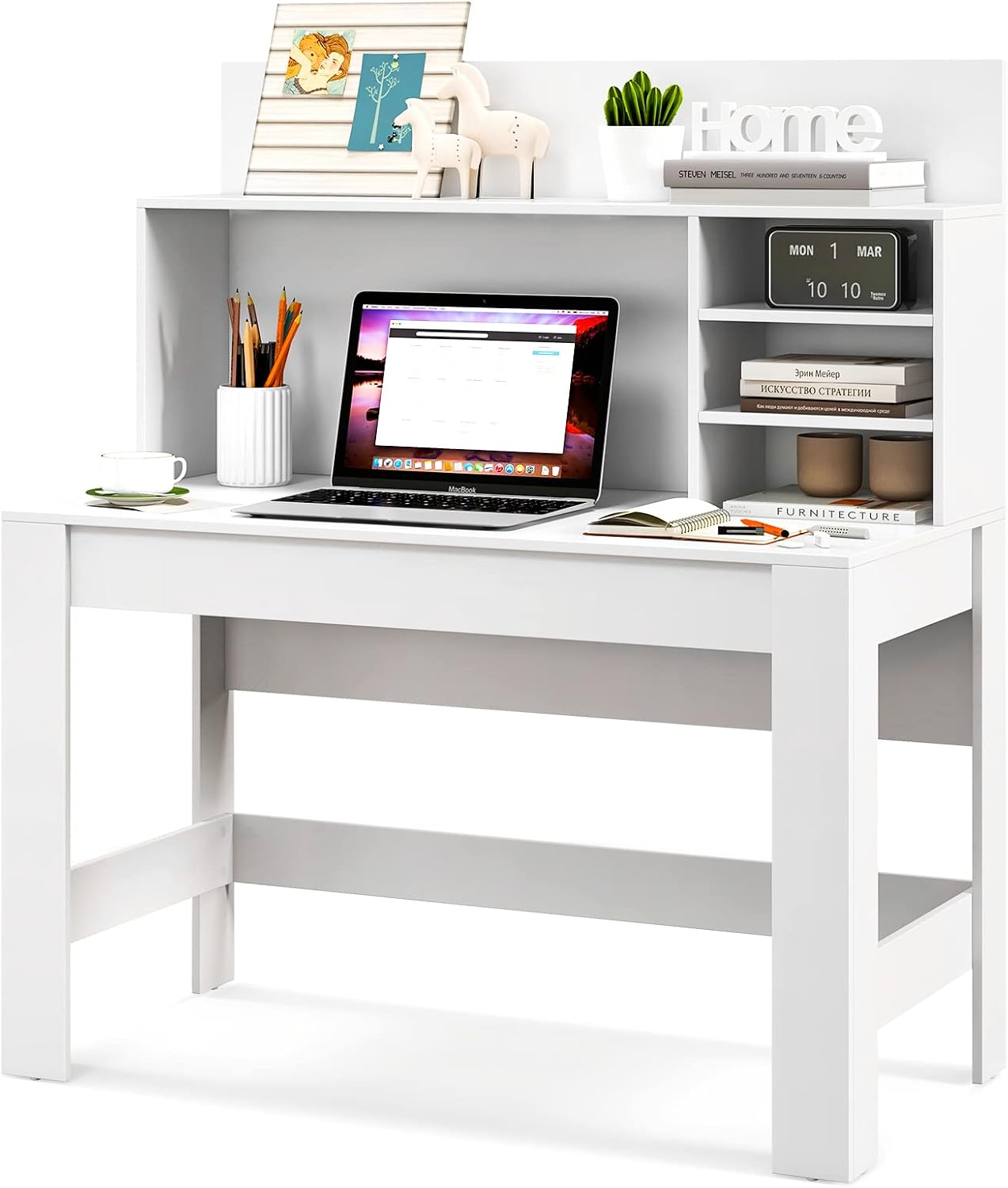 Tangkula White Desk with Hutch, Home Office Desk with Bookshelf, Writing Study Desk with Anti-Toppling Device & Cable Hole, Modern Computer Workstation PC Laptop Desk for Small Space, Bedroom