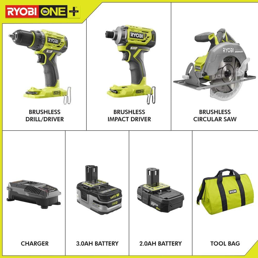 Ryobi P1837 18V One+ Cordless Brushless 3 Tool Combo Contractor Kit (9 pieces: Drill/Driver, Impact Driver, Circular Saw, 7-1/4 in Blade, Blade Wrench, Charger, 2.0 & 3.0 Ah Batteries, Bag)