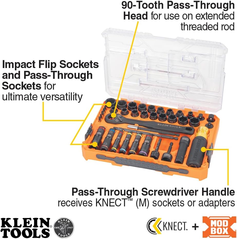 Klein Tools 65500KNECT KNECT Impact Socket Set, SAE and Metric Pass Through Socket Set, 90-Tooth Ratchet, MODbox Case, SAE, Metric, Screwdriver Handle, Bits, 39-Piece