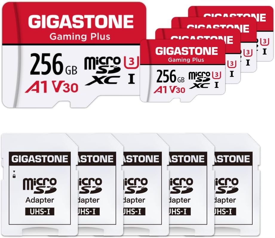 【for Switch 1 Only】 GIGASTONE 256GB Micro SD Card 5-Pack, Gaming Plus, Nintendo-Switch 1 Compatible, R/W 100/60MB/s, 4K Video Recording, Micro SDXC UHS-I A1 U3 Class 10, with Adapters