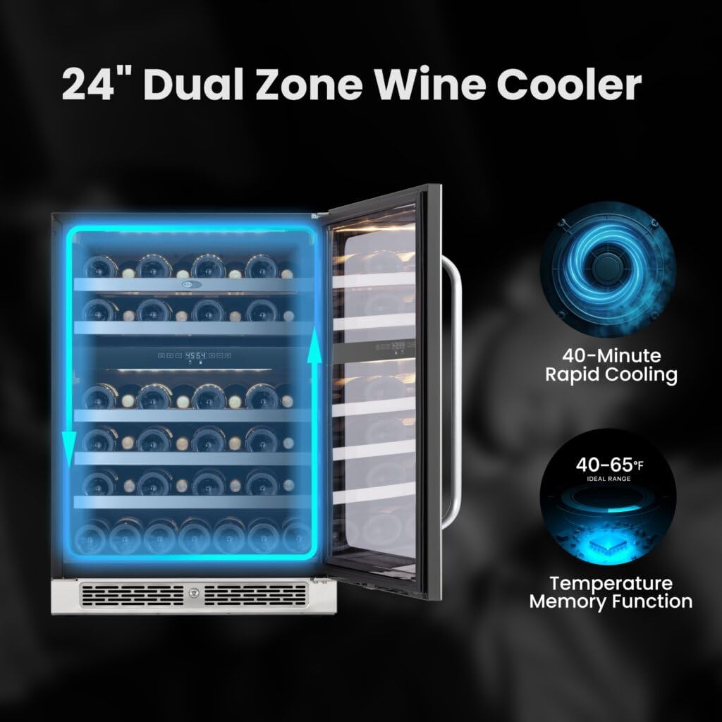 Whynter BSR-046DW 24 inch Built-ln 46 Bottle Undercounter Stainless Steel Wine Fridge with Reversible Door, Digital Control, Lock, and Carbon Filter