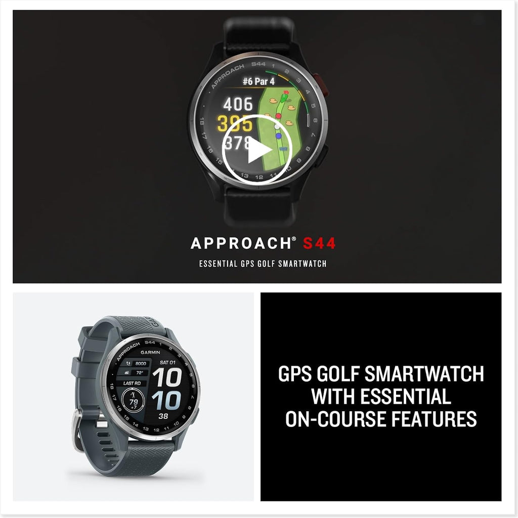 Garmin Approach S44 Essential Golf GPS Smartwatch | AMOLED Touchscreen Display | On-Course Features and Signature Series Power Bundle | Black Silicone Band