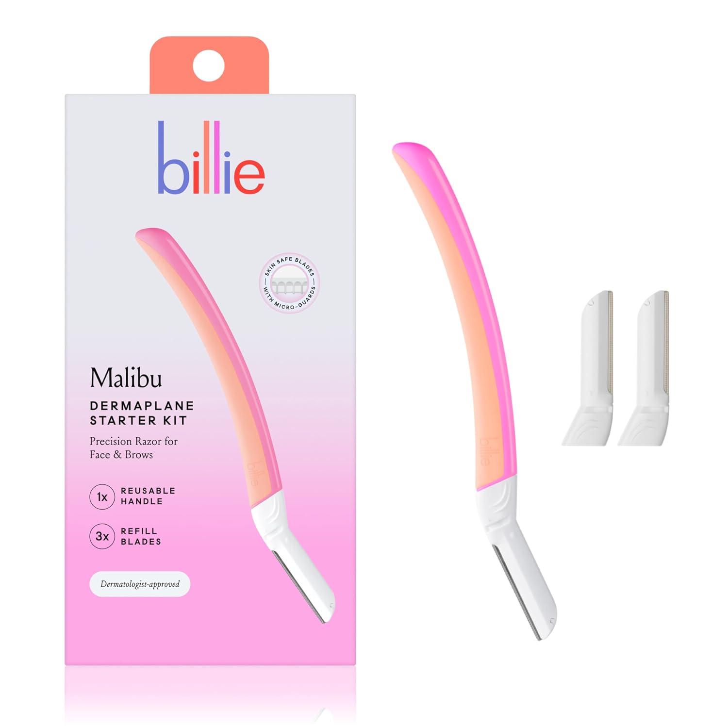 Billie - Dermaplane Starter Kit - Reusable Handle + 3 Refill Blades - Remove Facial Hair + Perfectly Shape Brows - Dermatologist-Approved - Malibu,(Pack of 12)