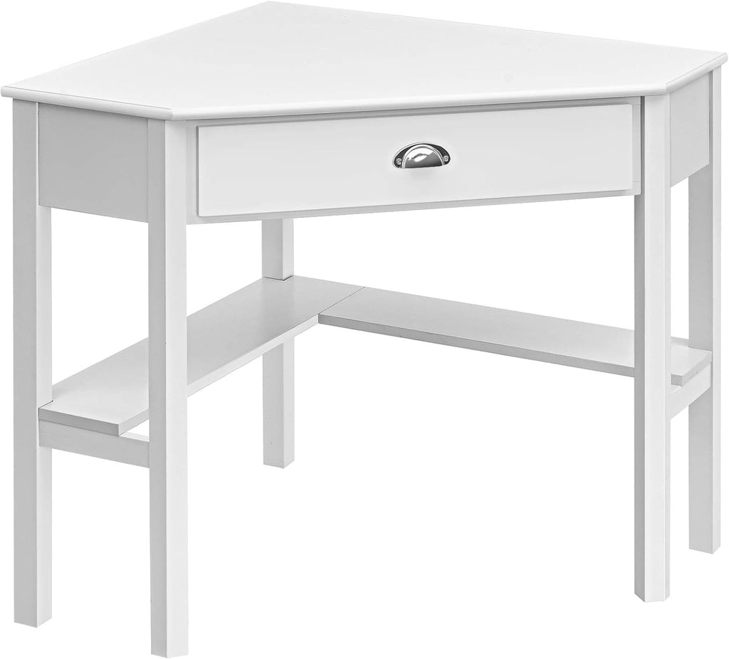 Tangkula White Corner Desk with Drawer, Storage Shelves for Computer, Makeup Vanity Desk for Small Space, 90 Degrees Triangle Desk
