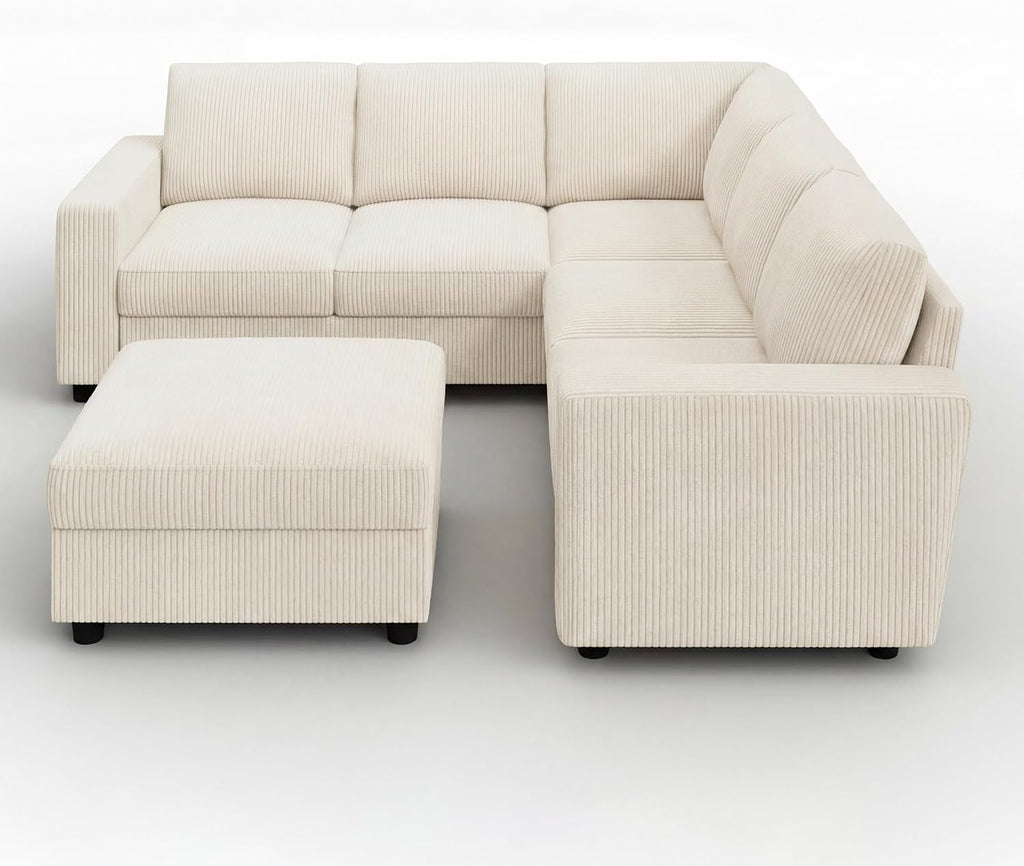 HONBAY Corduroy Sectional Couch with Storage L-Shaped Sectional Couches for Living Room 6 Seater Sectional Sofa, Beige
