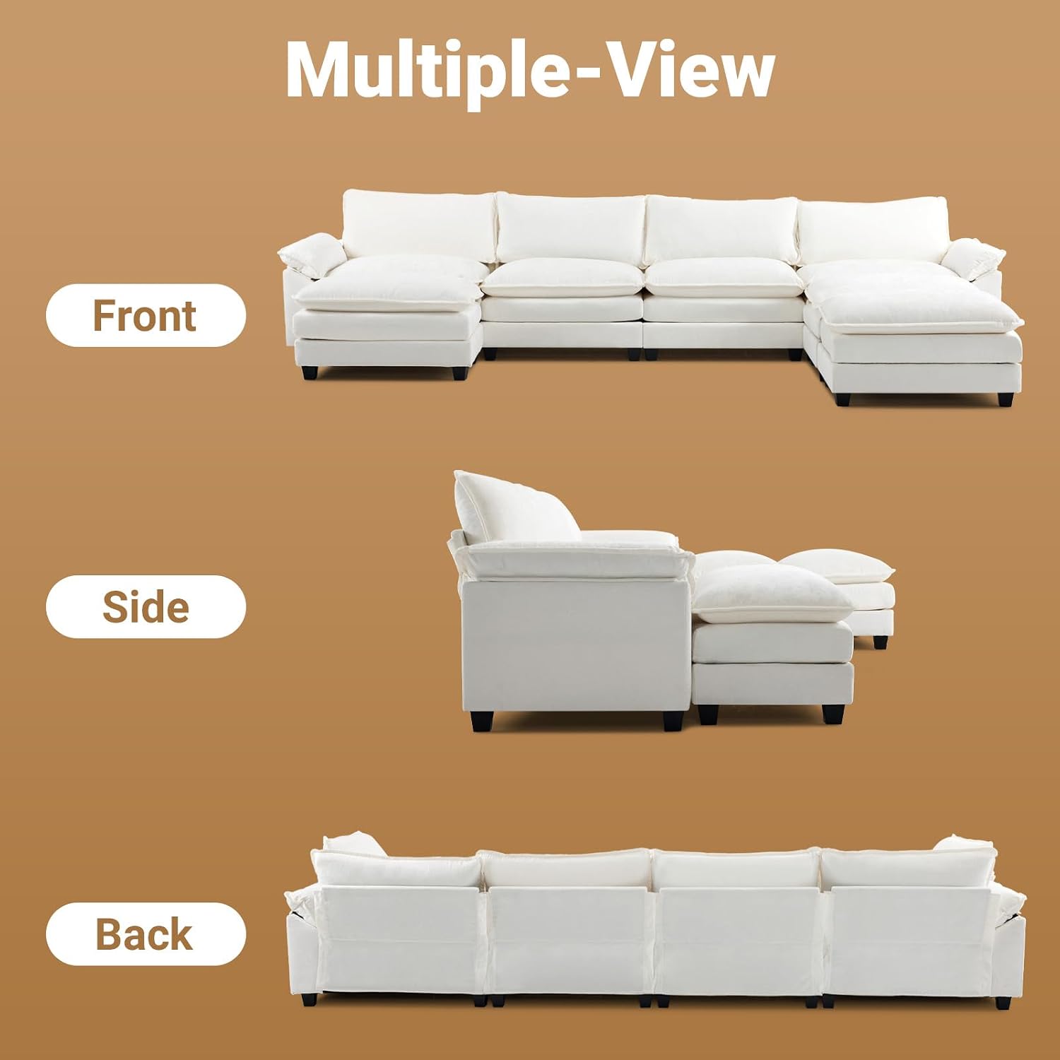VINGLI 157' Cloud White/Cream Convertible Sectional Sofa, Comfy U-Shape Extra Deep Seat Sofa Couch for Living Room,Modern Chenille 4-Seat Convertible Sofa with 3 Movable Ottomans for Small Space