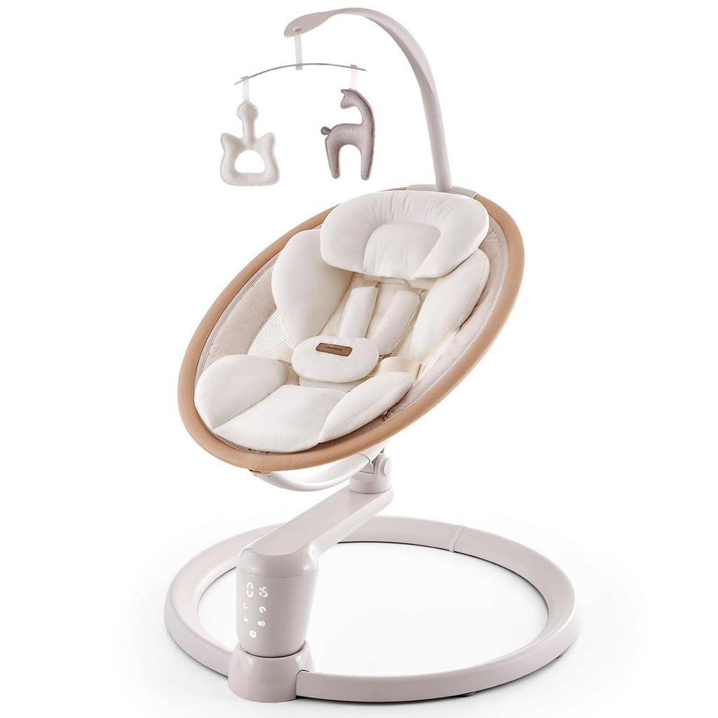 HARPPA Weddell Signature Electric Baby Swings for Infants and Newborns, Eye-Level Baby Swing 5 Speeds and Remote Control 10 Built-in Melodies, 2 Seat Positions & 180° Rotation for Indoor Use,Warm Sand