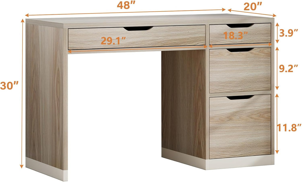 MaverickFurni 48 Inch Small Desk with Drawers, Computer Desk with Storage File Drawer for Bedroom, Office Desk with Storage for Small Space, Light Walnut